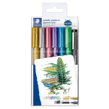 Staedtler Metallic Marker Pen 6 Colors Set with 1 Pigment Liner ( Design Journey )